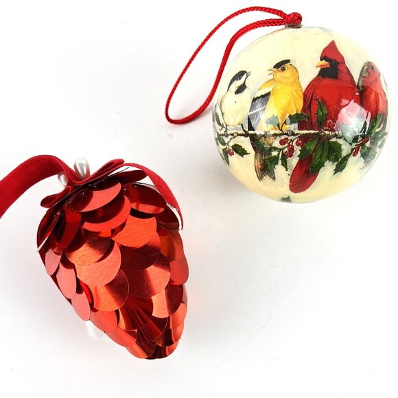 2 VTG Christmas Ornaments blown glass cardinal bird metallic red sequin pinecone - Picture 1 of 10